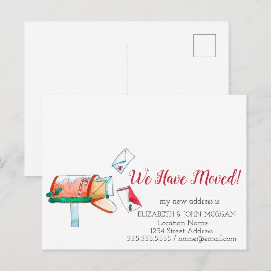 Waterverf mailbox kerstmis we hebben verplaatst aankondigingskaart (Voorkant / Achterkant)