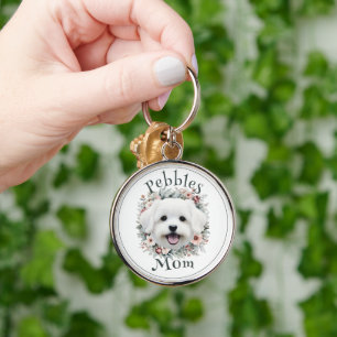 Waterverf Maltees en Floral Wreath Sleutelhanger
