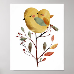 Waterverf Mama Bird & Chick Whimsical kinderkamer Poster