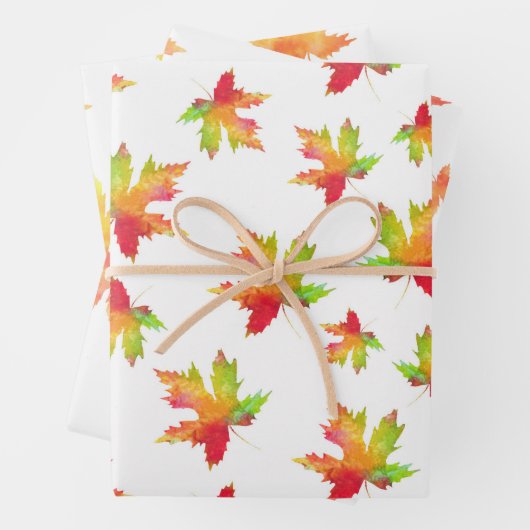 Waterverf Maple Leaf Patronen Wrapping 3 Inpakpapier Vel (In situ)