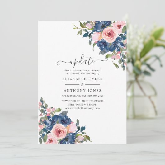 Waterverf marine en Blush Floral Wedding Update Kaart (Staand voorkant)