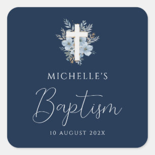 waterverf marineblauw bloemenkruis doop vierkante sticker