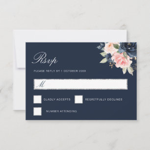 waterverf marineblauw bloemenzilver RSVP-kaart RSVP Kaartje