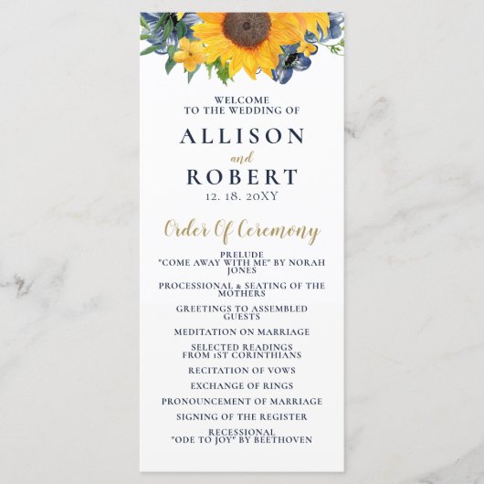 Waterverf marineblauw zonnebloem Rustic Wedding Programma (Voorkant)