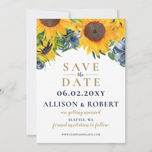 Waterverf marineblauw zonnebloem Rustic Wedding Save The Date (Voorkant)