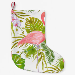 Waterverf markeringsillustratie van roze flamingo kleine kerstsok
