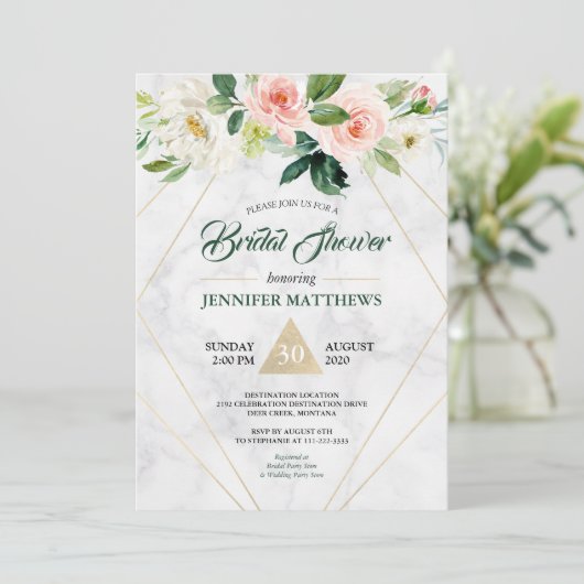 Waterverf Marmer Bloem Boho Bruiloft Borrel Kaart (Staand voorkant)