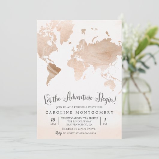 Waterverf Marmeren Kaart Reizen Afscheidsuitnodigi (Staand voorkant)