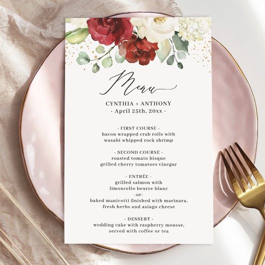 Waterverf Maroon Red White Floral Wedding Menu