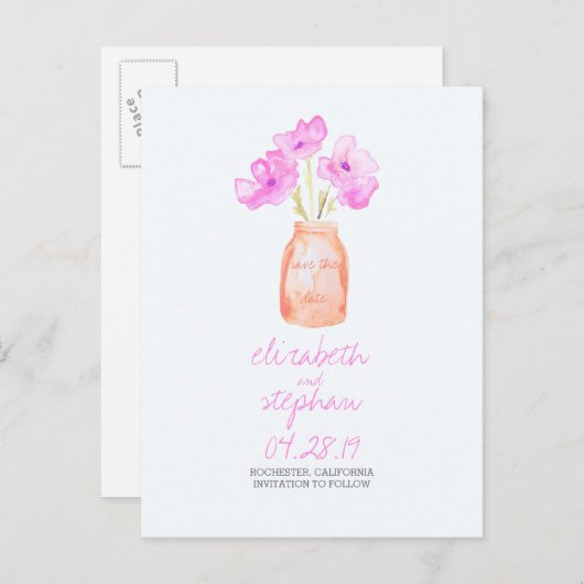 waterverf Mason Jar paarse Bloemen Bewaar de datum Aankondigingskaart (Voorkant / Achterkant)
