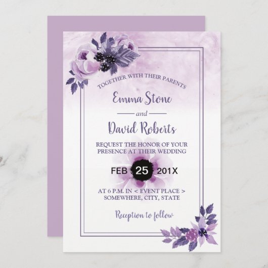 Waterverf Mauve Floral Elegant Spring Wedding Kaart (Voorkant / Achterkant)