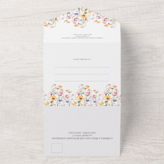 Waterverf Meadow Wildflower Eenvoudige bruiloft All In One Uitnodiging (Buitenkant)