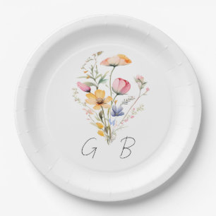Waterverf Meadow Wildflower Monogram Bruiloft Papieren Bordje