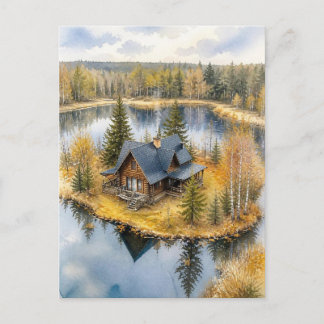 Waterverf meerhuis in herfst bos landschap briefkaart