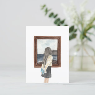 Waterverf meisje kijkt naar oceaan briefkaart