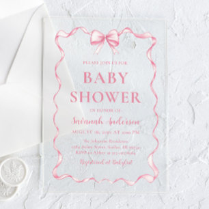 Waterverf Meisje Lint Blush Roze Bow Baby shower Acryl Uitnodigingen