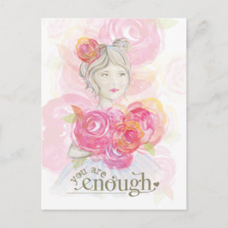 Waterverf meisje met bloemetjes _ You Are Enough Briefkaart
