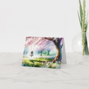 Waterverf meisje op een schommel feestdagen kaart