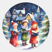 Waterverf meisjes kerstliederen in de sneeuw ronde sticker (Voorkant)
