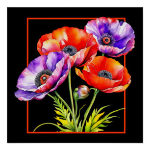 Waterverf Memorial Day Rode en Paarse klaprozen Perfect Poster
