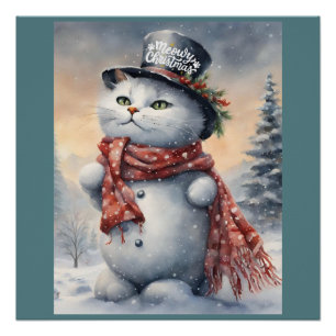 Waterverf Meowy Kerst Schattige Kat Sneeuwman Perfect Poster