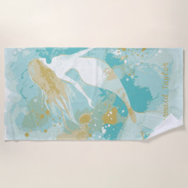 Waterverf Mermaid Gold en Aqua gepersonaliseerd Strandlaken