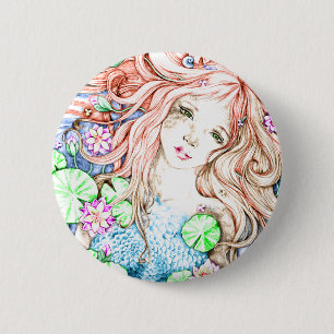 Waterverf Mermaid Princess Ronde Button 5,7 Cm
