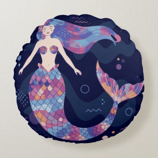Waterverf Mermaid Rond Kussen (Voorkant)
