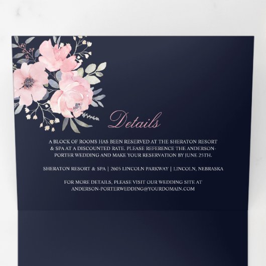 Waterverf met blote roze en marineslag drieluik uitnodiging (Binnenzijde eerst)