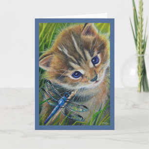 Waterverf met bruin Tabby Kitten en Dragonfly Kaart