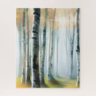 Waterverf met een bosje berken of espelbomen in he legpuzzel