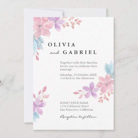 Waterverf met fijne bloemen botanische boho bruilo kaart (Voorkant)