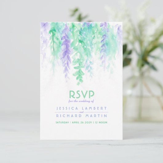 Waterverf met groene paarse bruiloft RSVP (Staand voorkant)