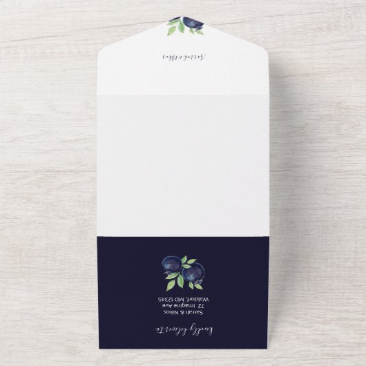 Waterverf met handbeschilderde blauwe bosbessen all in one uitnodiging (Buitenkant)