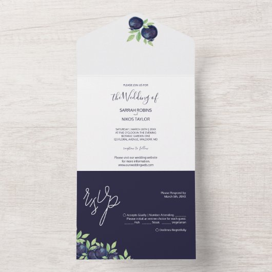 Waterverf met handbeschilderde blauwe bosbessen all in one uitnodiging (Binnen)