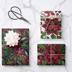 Waterverf met kerstmis-Bourgogne Poinsettia Flower Inpakpapier Vel