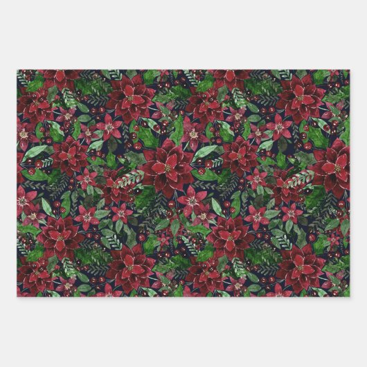 Waterverf met kerstmis-Bourgogne Poinsettia Flower Inpakpapier Vel (Voorkant)