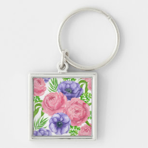 Waterverf met pony- en anemonenbloemen sleutelhanger