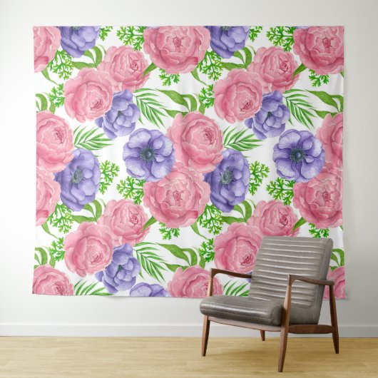 Waterverf met pony- en anemonenbloemen wandkleed (In Situ (horizontaal))