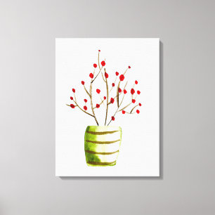 Waterverf met rode bessen Kerstmis Canvas Afdruk