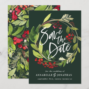 waterverf met rode groene winterbladeren met rode save the date
