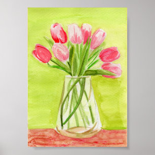 Waterverf met roze tulpen poster
