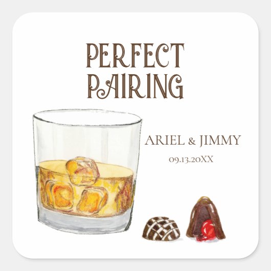 Waterverf met whiskeyglazen en chocoladetruffels  vierkante sticker (Voorkant)