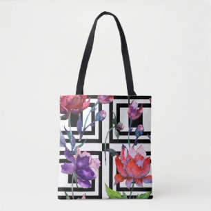 Waterverf met zwarte/witte afkorting Floral Tas