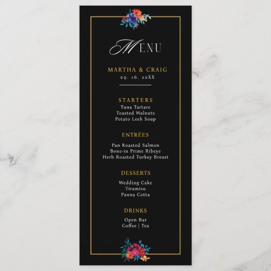 Waterverf Mexicaans Fiesta Bloem Zwart Bruiloft Menu (Voorkant)