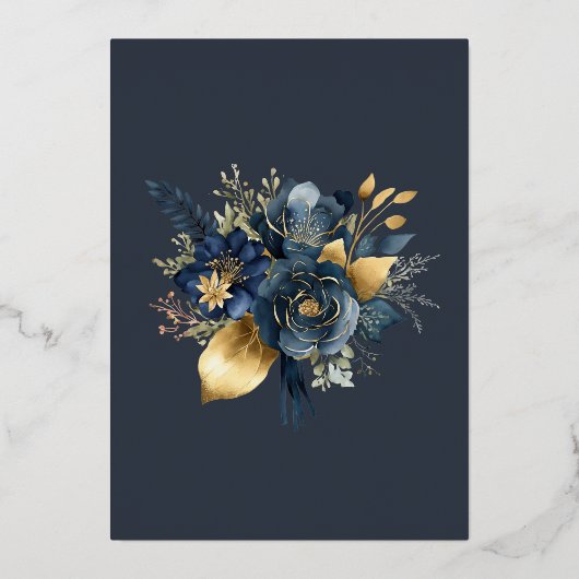 Waterverf Midnight Blue Goud Bloemen Bruiloft Folie Uitnodiging (Achterkant)