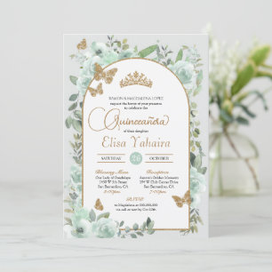 Waterverf Mint Groene Bloemenvlinder Quinceañera Kaart