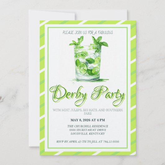Waterverf Mint Julep Groen Kentucky Derby Uitnodig Kaart (Voorkant)
