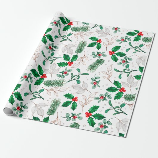 Waterverf Mistletoe en Pine Branch Cadeaupapier (Uitgerold)