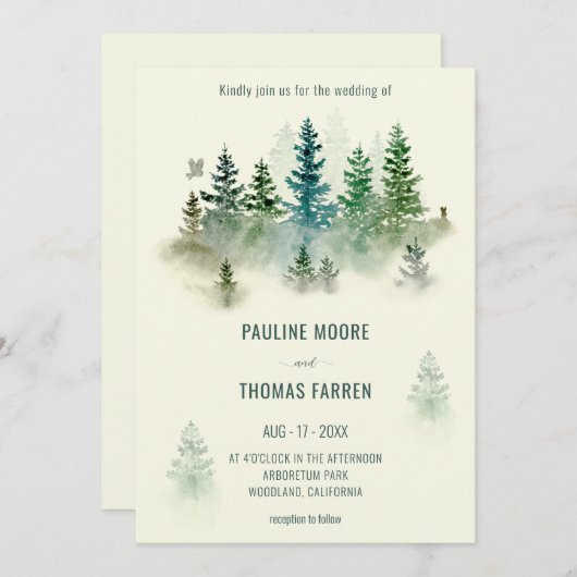 Waterverf Misty Forest Retro Rustieke Bruiloft Kaart (Voorkant / Achterkant)